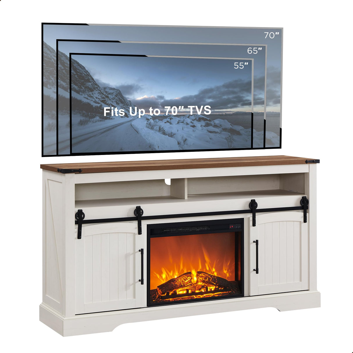 OKD Farmhouse Fireplace TV Stand for 70 Inch TV, 34" Tall Highboy Entertainment Center w/Electric Fireplace, Rustic Media Console w/Sliding Arched Door for Living Room,Antique White OKD