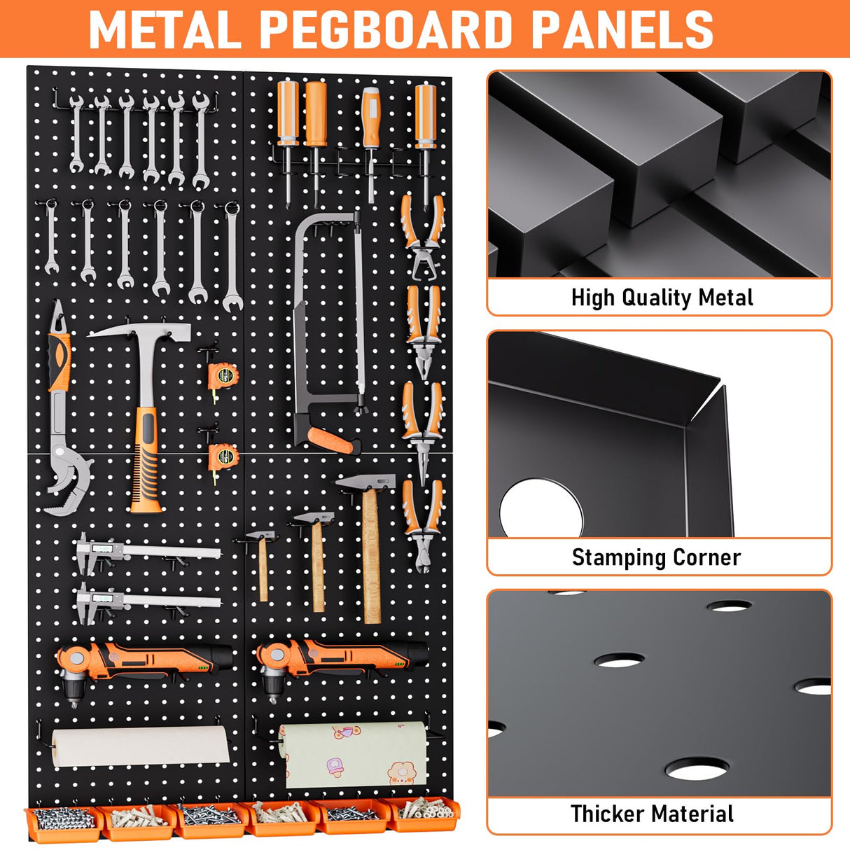 INCLY 48x24 Inch Metal Peg Board Kit with 1/4" Pegboard Hooks Accessories, 4PCS Pegboard Panels and 156PCS Black Pegboard Wall Organizer Tool Storage System for Garage Workbench Shed INCLY