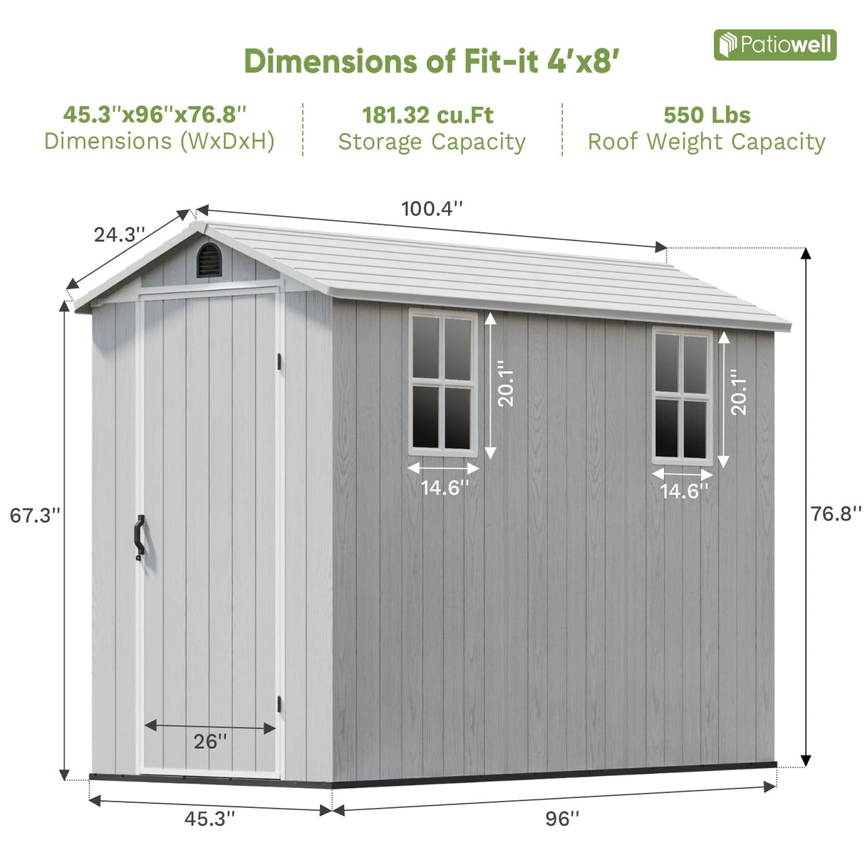 Patiowell 4 x 8 FT Plastic Outdoor Storage Shed with Floor, Resin Outside Tool Shed with Two Windows and Lockable Door for Garden, Backyard, Tool Storage Use, Easy to Install, Light Grey(Fit-it Shed) Patiowell