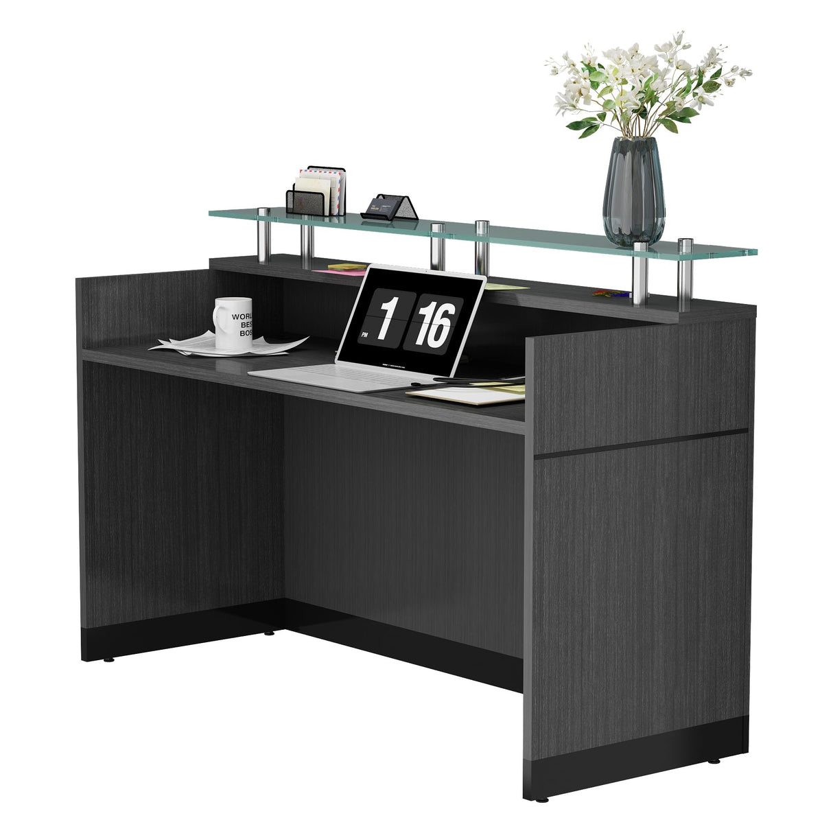 ALFA BUSINESS Modern Rectangle Reception Desk with Glass Counter | Manufactured Wood Front Desk(63" W x 23.7" D) ALFA BUSINESS