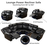 Power Recliner Sectional Sofa Couches with LED Lights for Living Room, Faux Leather Wall Hugger Reclining Corner Couch Sets with 2 Home Theater Seat, USB Charger, Cup Holder, Storage Console, Black Comfort Stretch