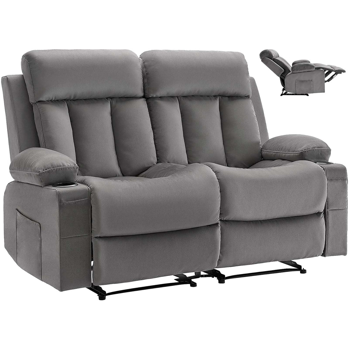 VEVOR Loveseat Recliner Sofa, Power Reclining Couch with Heating and Massage, Soft Velvet Electric Recliner Sofa with USB Ports, Cup Holders and Side Bags, Dual Loveseat Chair for Living Room, Grey VEVOR