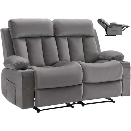 VEVOR Loveseat Recliner Sofa, Power Reclining Couch with Heating and Massage, Soft Velvet Electric Recliner Sofa with USB Ports, Cup Holders and Side Bags, Dual Loveseat Chair for Living Room, Grey VEVOR