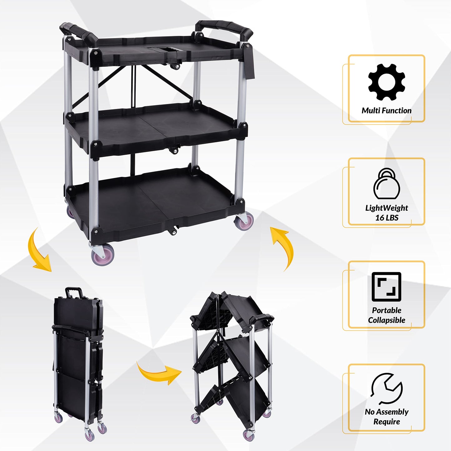 ELEVON Portable Folding Collapsible Service Cart Foldable Service Cart 3 Tier Collapsible Push Cart Folding Utility Carts with Wheels for Office Warehouse Home, Black