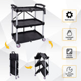 ELEVON Portable Folding Collapsible Service Cart Foldable Service Cart 3 Tier Collapsible Push Cart Folding Utility Carts with Wheels for Office Warehouse Home, Black Elevon