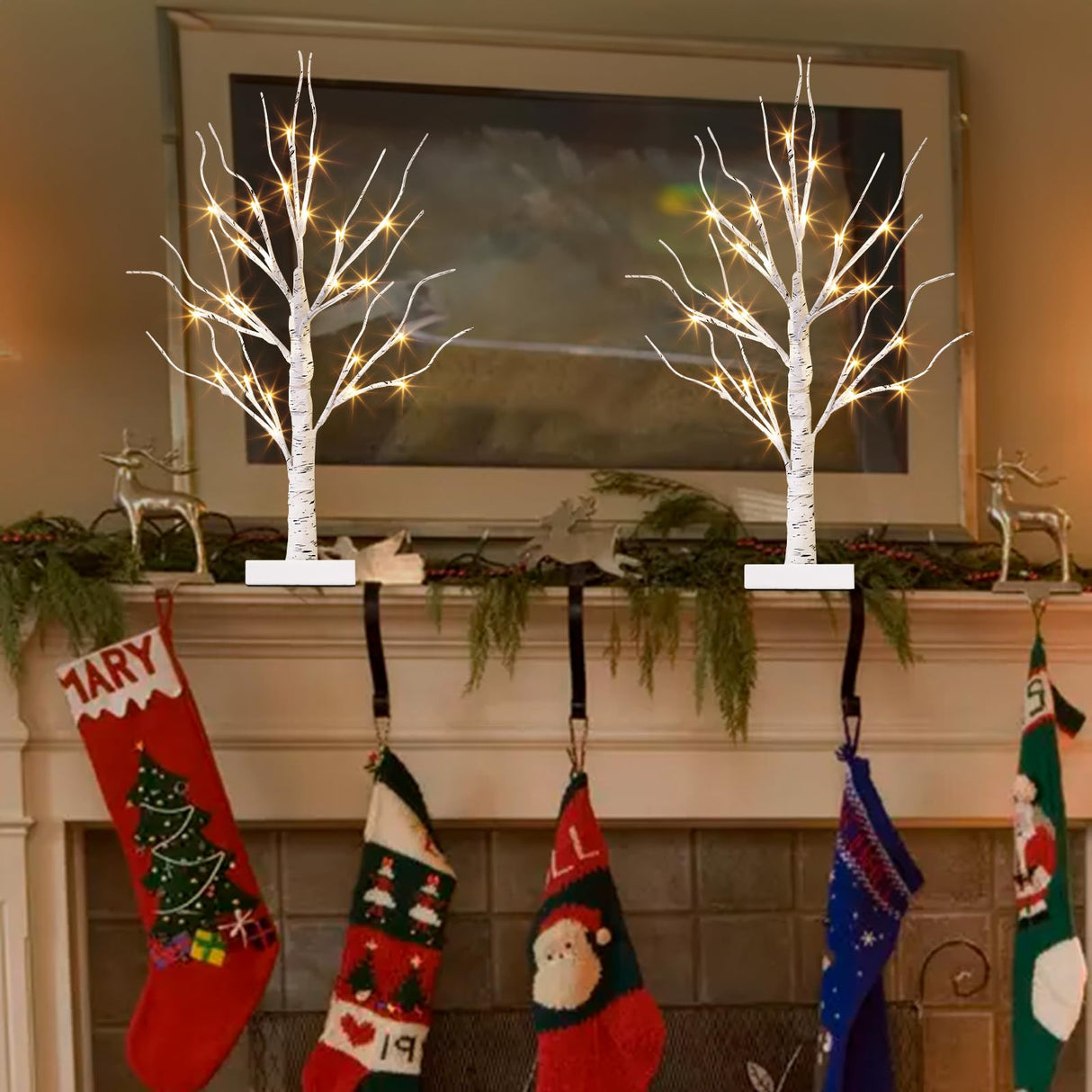 EAMBRITE Lighted Birch Tree for Christmas Decor, Table Decorations Indoor, 2Pack 24 LED Battery Operated/USB Tabletop Mini Artificial White Trees with Lights for Winter Home Centerpiece Mantel (2FT) EAMBRITE