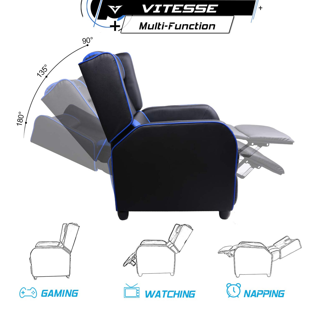 VITESSE VIT Gaming Recliner Chair Racing Style Single PU Leather Sofa Modern Living Room Recliners Ergonomic Comfortable Home Theater Seating, Blue. VITESSE