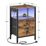 YATINEY Nightstands with Charging Station, Night Stand Set of 2 with LED Lights, Side Table with 2 Non-Woven Drawers, End Table Bedroom, Bedside Tables for Bedroom, Rustic Brown and Black ET12L2BR YATINEY