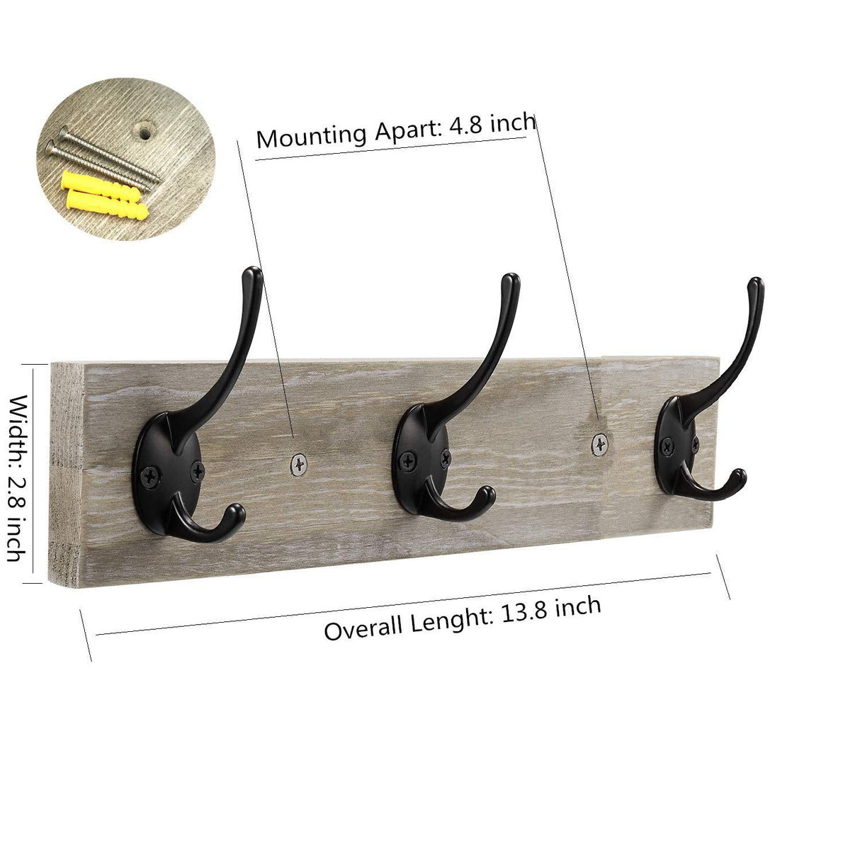 Sageme Wall Mounted Coat Rack,Wooden Entryway Vintage Rustic Coat Rack Hat Hanger Rack Zinc die-cast 3-Hook Rail for The Entryway, Bathroom, Bedroom, Kitchen, Mudroom (3 Hooks, Pinewood) Sageme