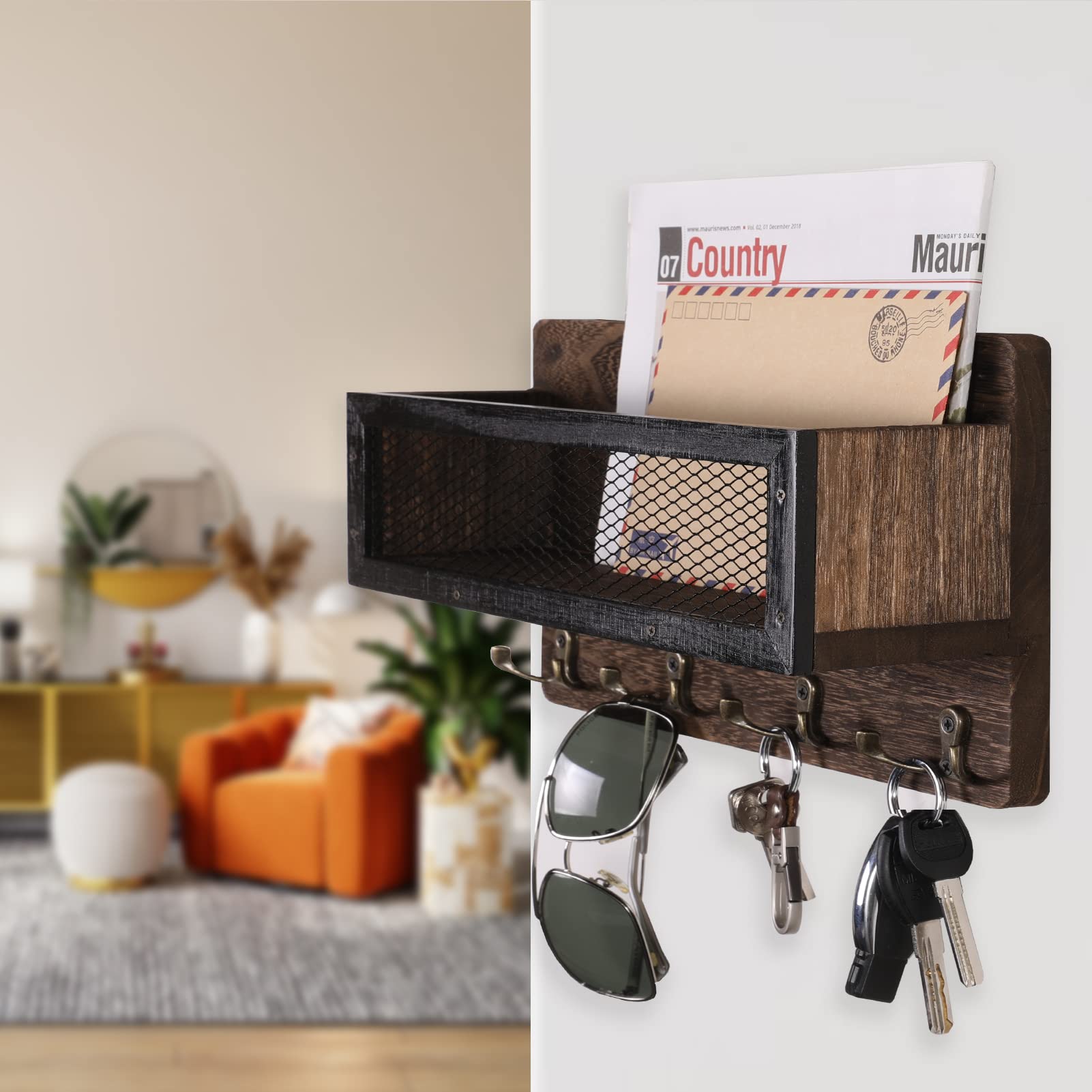 ADIIL Mail and Key Holder for Wall Decorative, Wooden Wall Key Rack Organizer with 4 Double Key Hooks, Wall Mount Key Hanger for Wall with Shelf, Rustic Home Decor for Entryway Hallway, Brown - WoodArtSupply