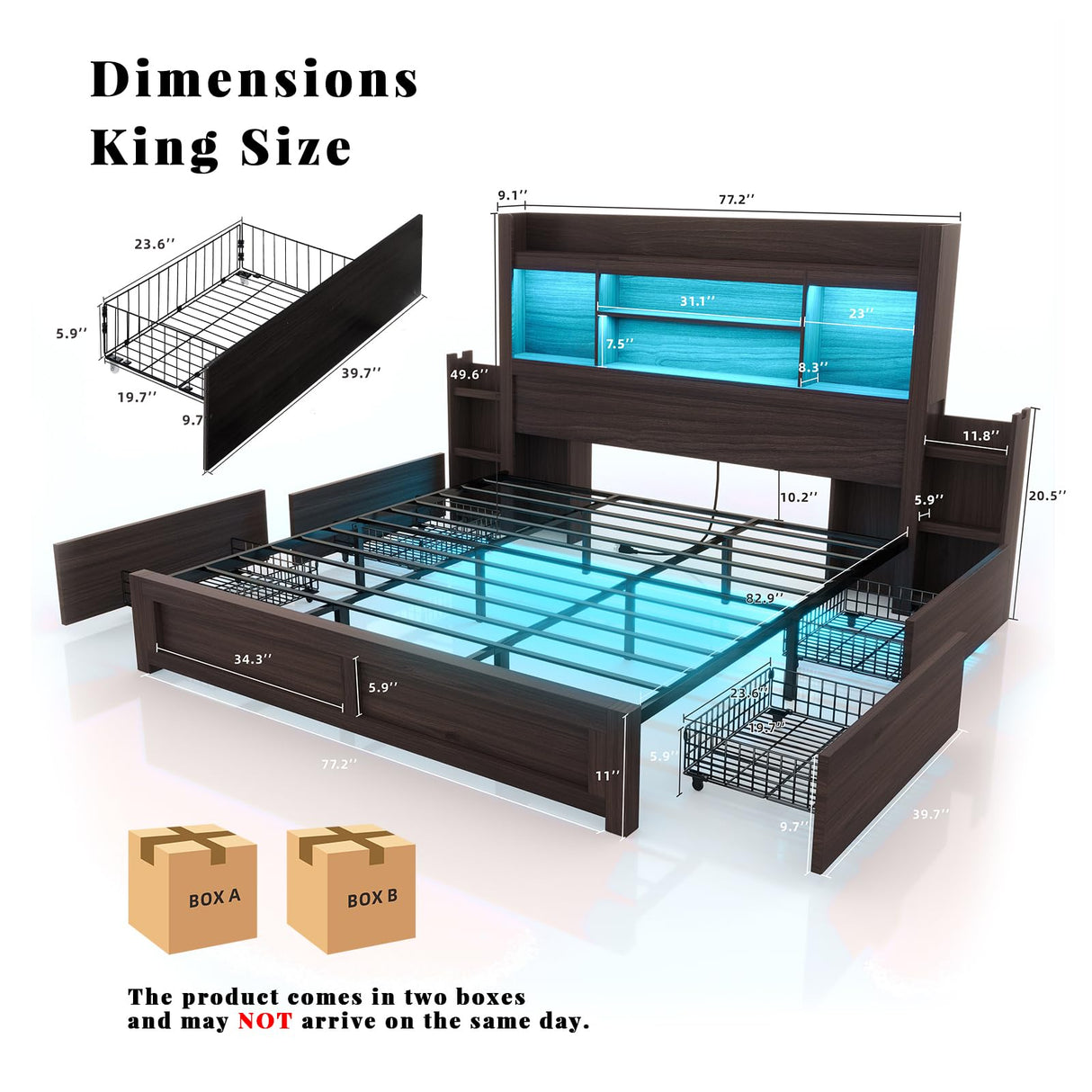 LUXOAK King Bed Frame with 49.6" Bookcase Headboard & 2 Bedside Stoage Racks & 4 Drawers, Farmhouse Wood Bed Frame with RGB LED & Charging Station, No Box Spring Needed, Black LUXOAK