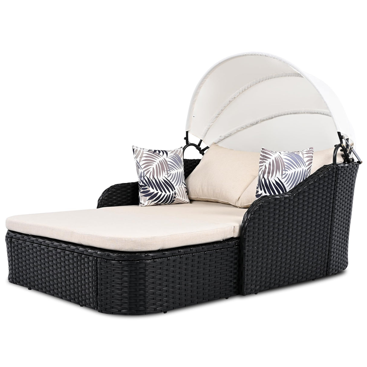 Patio Canopy Daybed with Canopy, 79.9" Outdoor Sunbed with Adjustable Canopy, Double Lounge Chair, PE Rattan Daybed for Garden Poolside Patio, Black Wicker and Beige Cushion RuiSiSi