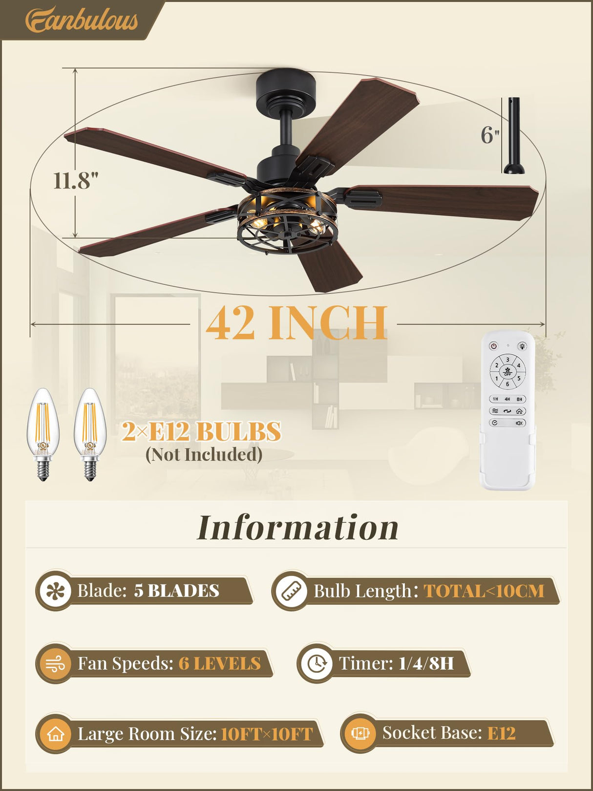 2 Pack 42 Inch Rustic Caged Ceiling Fan with Lights, Black Farmhouse Ceiling Fans for Bedroom Living Room, Double-Sided 5 Blades Rustic Ceiling Fan Fanbulous