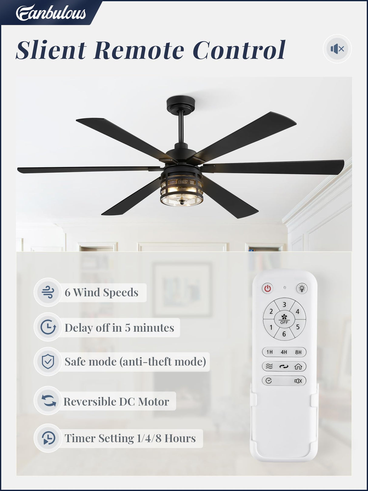 Fanbulous 65" Farmhouse Ceiling Fans with Lights and Remote,Industrial Large Ceiling Fan with 6-Speed Reversible DC Motor and 6 Dual Finish Blades,Black Ceiling Fan with Light for Living bedroom Patio Fanbulous