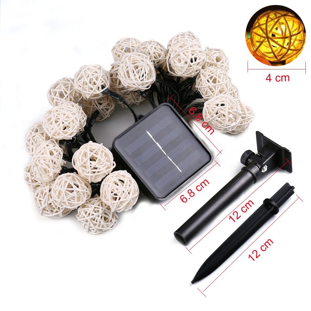 EONLYX Solar Rattan Ball String Lights, 30LED 20ft Rattan Ball Fairy Lights Waterproof Rattan Ball Garden Lights for Landscape Patio Christmas Party Wedding Decoration (Warm White) EONLYX
