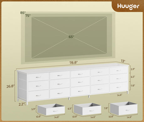 Huuger 78.7 inch Long Dresser for Bedroom, 15 Drawer Fabric Dresser for Closet, Large TV Stand for 65, 75, 85 inch TV, Wide Chest of Drawer with Storage, 78.7" W x 12.9" D x 26.7" H, White Huuger