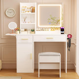 ERLEJIA Vanity Desk with Mirror and Lights & Extral Foldable Desk, 35.43" & 43.3" Makeup Vanity Table with Stool and Plug Outlet, 5 Drawers and Open Shelves Dressing Table for Bedroom, White and Gold ERLEJIA