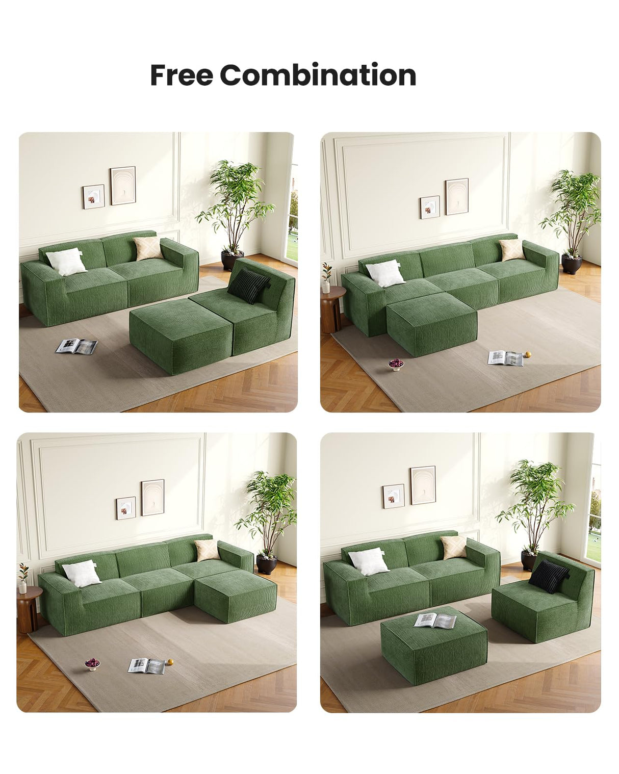 Amada 80" L Shaped Sofa Modular, Corduroy Clopud Couches with Deep Seats &High-Back, Upholstered Couches for Living Room Bedroom with Ottoman, No Assembly Required(2-Seater&1 Ottoman,Green) AMADA HOMEFURNISHING