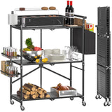 DTUQYX Foldable Outdoor Grill Cart with 3-Tier,Grill Cart,Grill Table for Outside with 2 Total Lock Casters，Pizza Oven Stand Table，Rolling BBQ Table and Folding Kitchen Island, Black DTUQYX