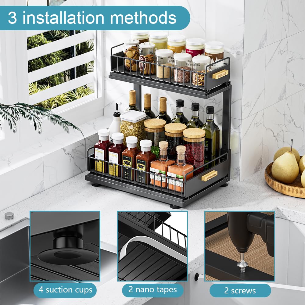 Under Sink Organizer Kitchen, 2 Tier Under Sink Organizers and Storage, Pull out Cabinet Organizer Shelf, Metal Drawer for Kitchen Bathroom Pantry Cabinet Closet Organization Rack, Black, 1 Pack HOMEBOSILY