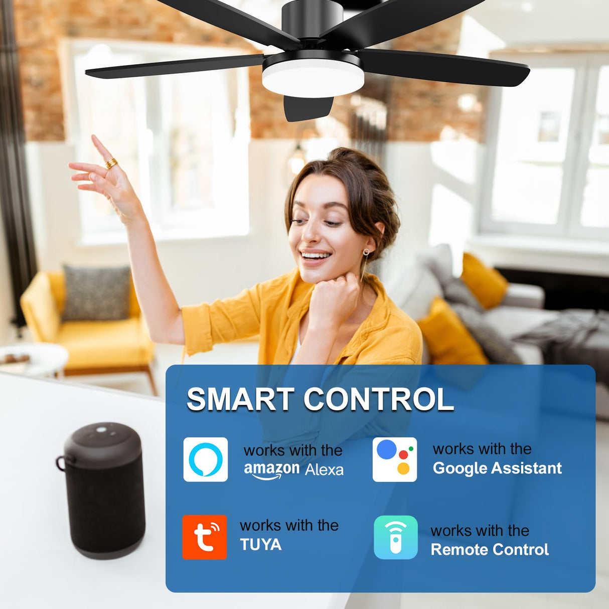 GHORA 52 Inch Ceiling Fans with Lights, Smart Ceiling Fan with Remote/APP/Alexa Control,Black Ceiling Fan with 6-Speeds Reversible Motor,WiFi Ceiling Fans for Bedroom,Farmhouse,Indoor/Outdoor GHORA