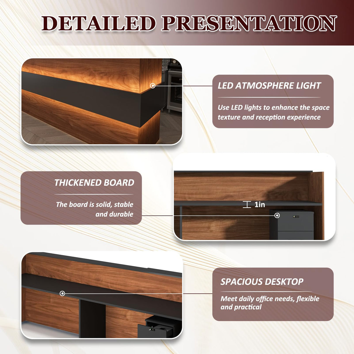 78" Modern Reception Desk with LED Lights & Mobile File Cabinet – Black Brown Office Front Desk Reception Counter with Drawers & Lock (Black & Brown, 78 * 24 * 43IN) YTElantivo