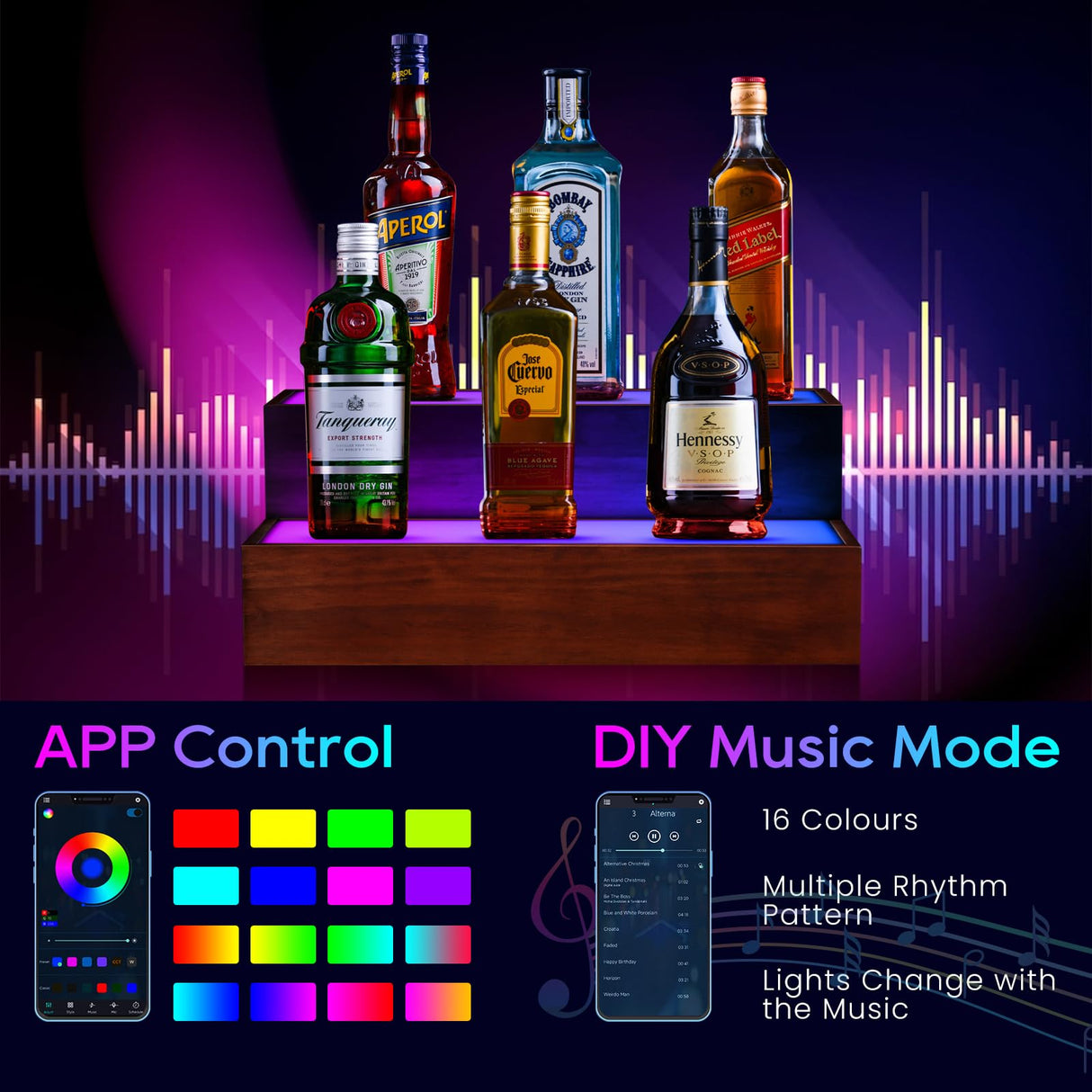 B4Life 2 Pack 16 Inch LED Lighted Liquor Bottle Display Shelf, 2 Tier LED Bar Shelves for Liquor Bottles, Bar Bottle Display Shelf, Lighted Liquor Shelf, Bar Lights for Liquor Shelves B4Life