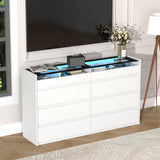 White 8 Drawer Dresser for Bedroom with LED Light, Modern Dresser Chest of Drawers with Hidden Handles and Glass Top, Dressers Organizer for Bedroom, Closet, Living Room LIVAUVEAD
