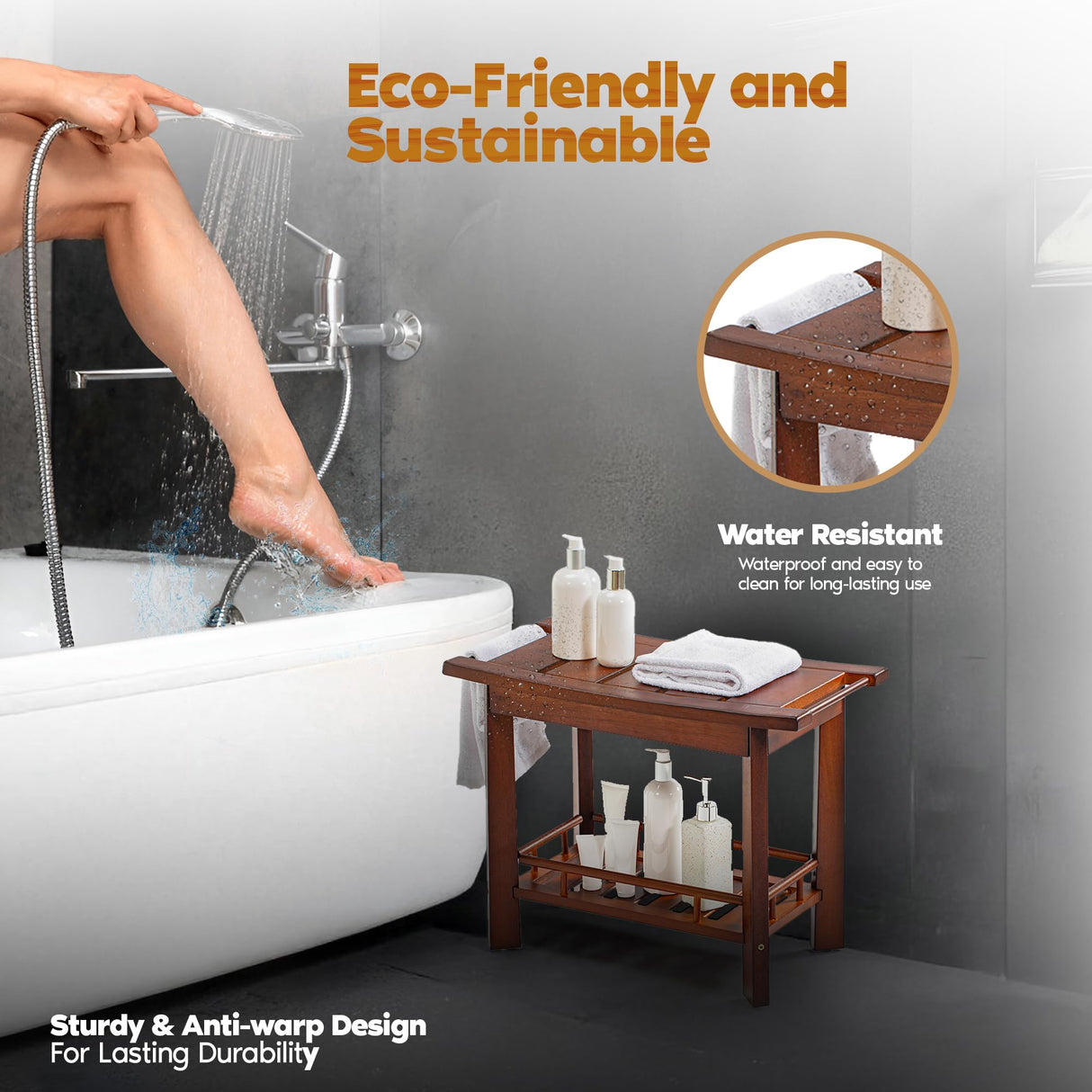 AK Decor 21" Teak Shower Bench for Inside – Luxury Spa-Style Comfort, FSC Certified Durable Teak Wood, Water-Resistant, Ergonomic Seat, Anti-Skid Stability and Enclosed Storage Shelf, 350 lbs Capacity Ak Decor