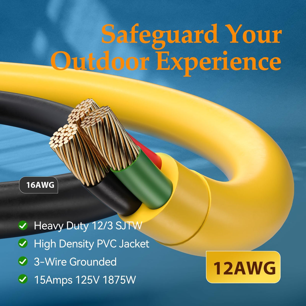 BBOUNDER Outdoor Extension Cord 100 FT Waterproof, 12/3 SJTW Heavy Duty 15A 1875W, Flexible 100% Copper 3 Prong Cords for Commercial Use and High Power Appliance, Yellow BBOUNDER