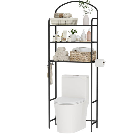 Cerlyunzan 3-Tier Over The Toilet Storage, Bathroom Organizer, Space-Saving, Above Toilet Storage Rack with 4 Hooks and Paper Holder, Metal Shelf, Black Cerlyunzan