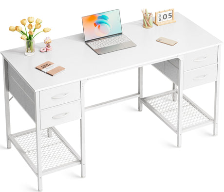 Huuger 47 Inch Computer Desk with 4 Drawers, Office Desk with Mesh Shelf, Gaming Desk, Large Storage, Writing Desk Work Desk for Home Office, Study, Bedroom, Work from Home, White Huuger