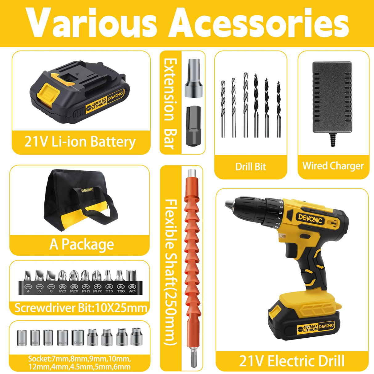 DEVONIC Cordless Drill Set,21V Electric Drill with 1 Lithium Battery and Charger,3/8"Keyless Chuck,25+1 Torque Setting and 28pcs Drill Screwdriver Bits XGOLD