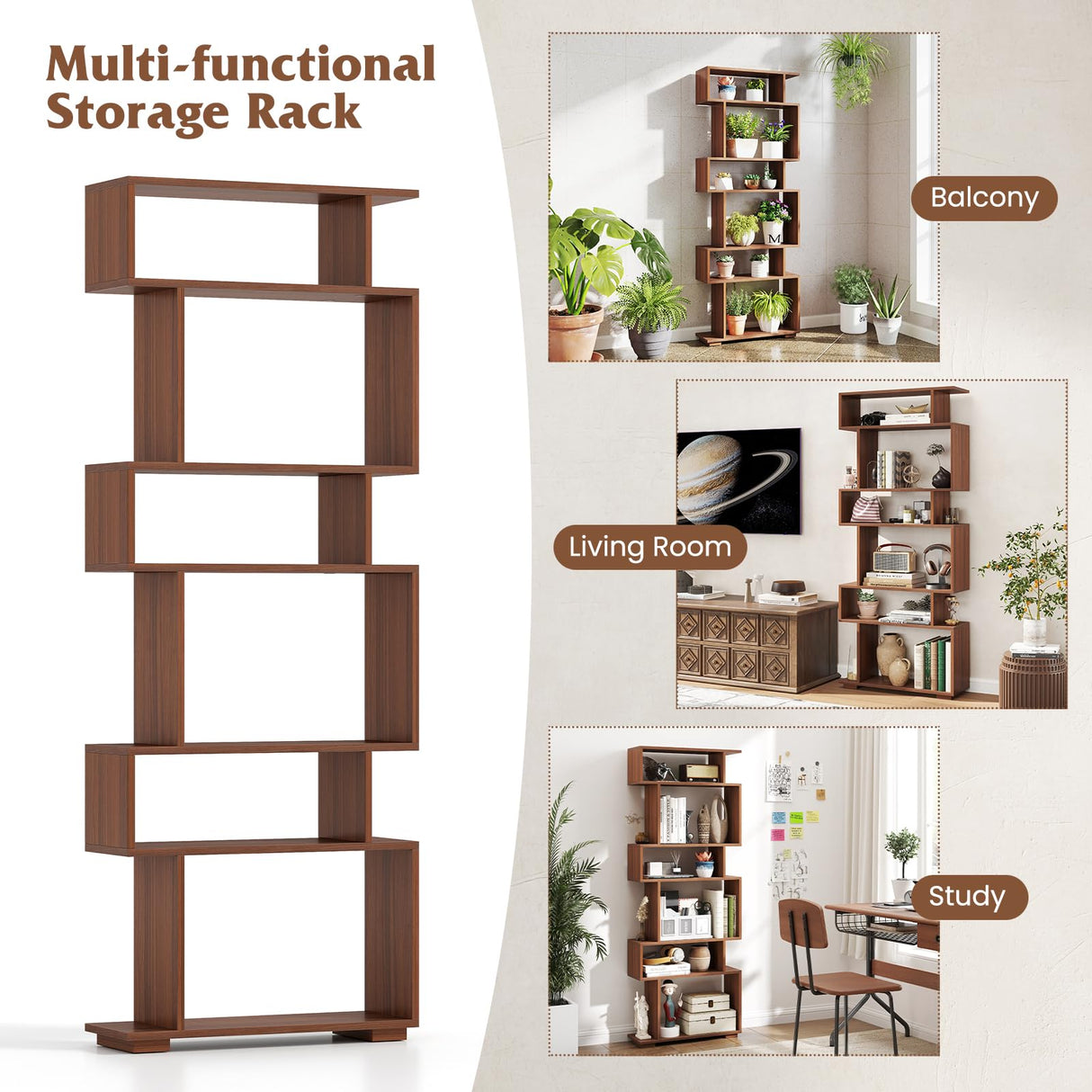 Tangkula 6-Tier S-Shaped Bookshelf, 64" Freestanding Geometric Bookcase, Home Office Wood Storage Shelf with Anti-Toppling Device, Room Divider Display Rack for Study, Living Room (1, Walnut) Tangkula