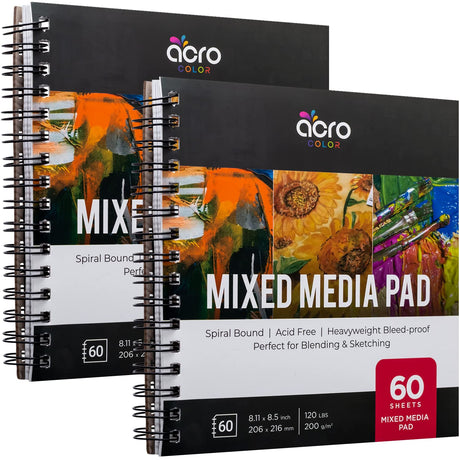 Mixed Media Sketchbook 8.11” x 8.5” | Spiral Bound Sketch Pad With Thick, Heavyweight Paper, 200 GSM, 120 LBS | Art Sketch Book For All Wet & Dry Media - Watercolor, Paint, Pencils, Charcoal, Pens | Acro Color