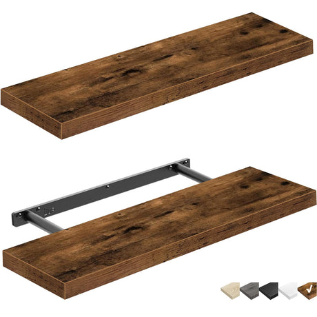 QEEIG Floating Shelves Wall Shelf 24 inches Long Farmhouse Bathroom Decor Bedroom Kitchen Living Room Wall Mounted 24 x 9 inch Set of 2, Rustic Brown (008-60BN) QEEIG