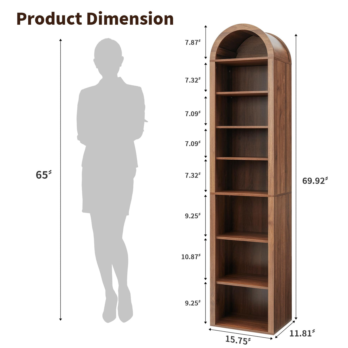 Tall Narrow Arched Bookshelf, 8-Tier Skinny Arch Bookcase for Small Space, Freestanding Storage Organizer with Adjustable Shelves, Open Display Shelves for Living Room, Entryway, Bathroom (Walnut) Turtle&Myrtle