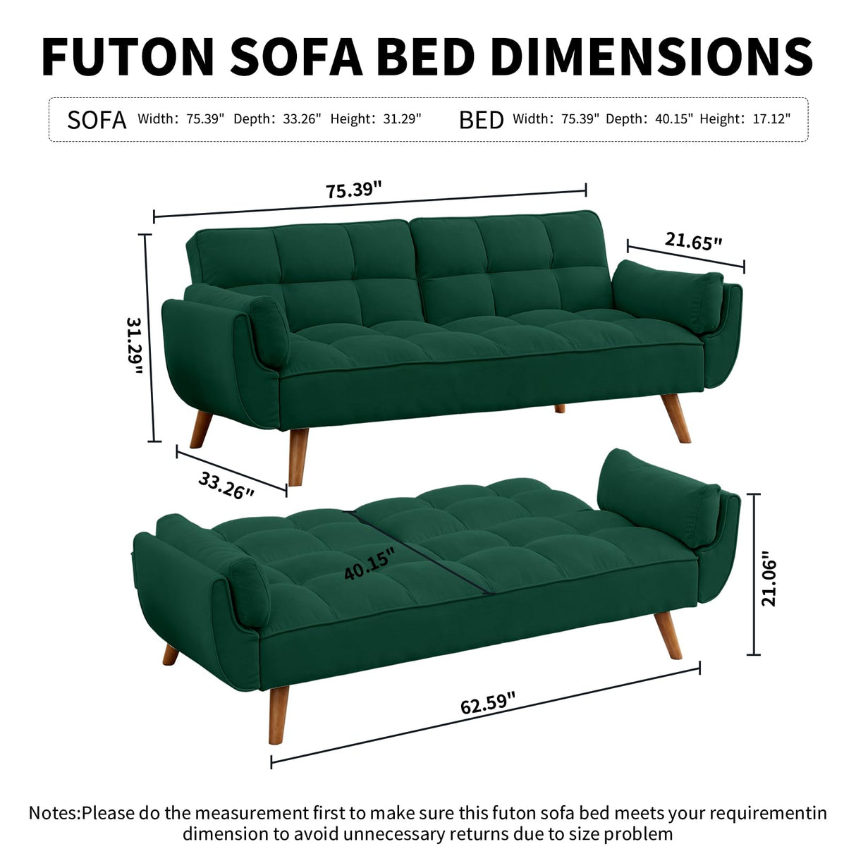 Homies Life Solid Wood Feet Futon Couch Tufted Convertible Sleeper Sofa Bed Solid Wood Legs Adjustable Backrest Living Room Hemp Sponge S-Shaped Spring Eucalyptus Frame (Green) Homies Life