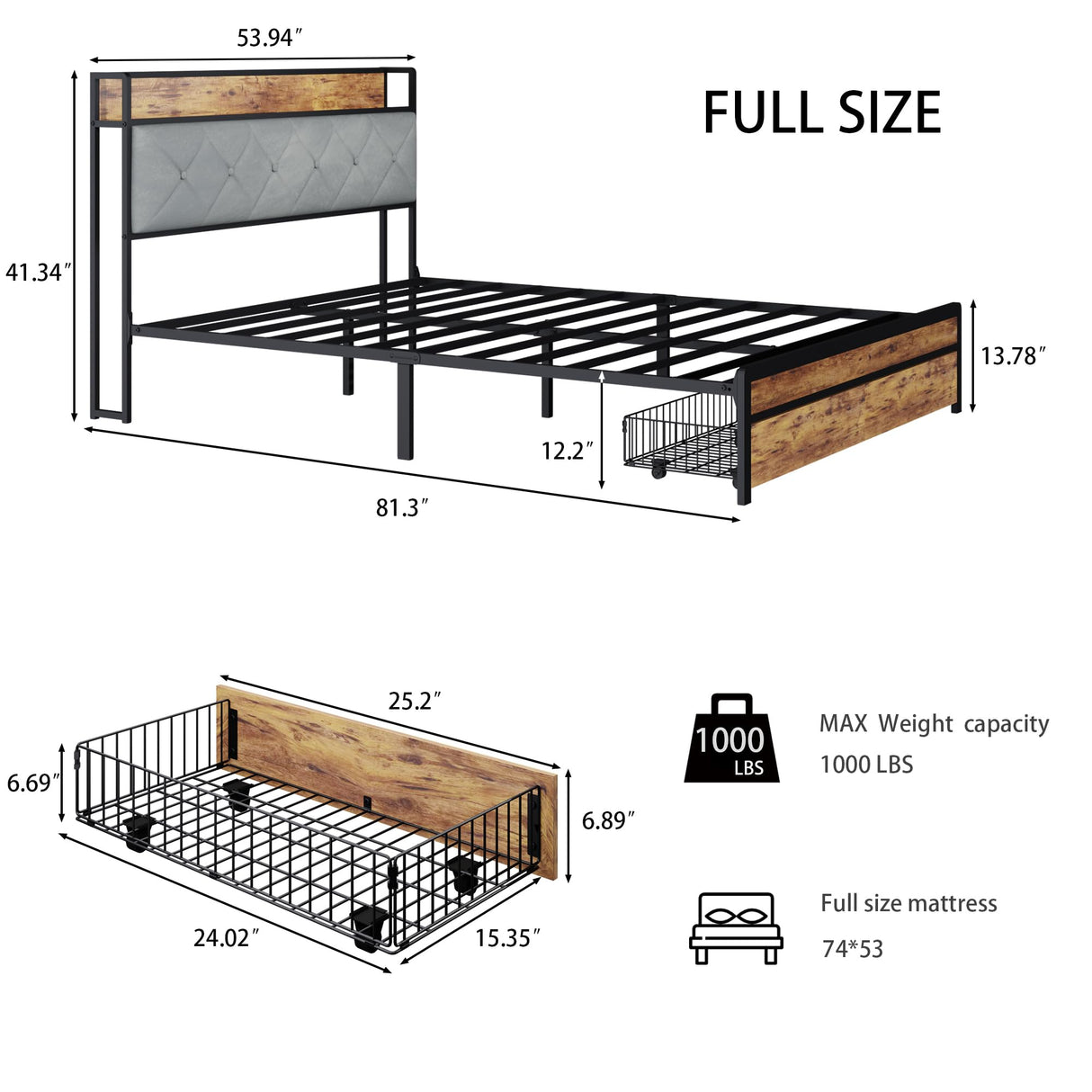 LUBEDCY Full Size Metal Platform Bed Frame with Velvet Button-Tufted Headboard, 2 Storage Drawers, LED Light & USB Charging Port, Heavy Duty, Brown Wooden Panel, No Box Spring Needed (Brown, Full) LUBEDCY