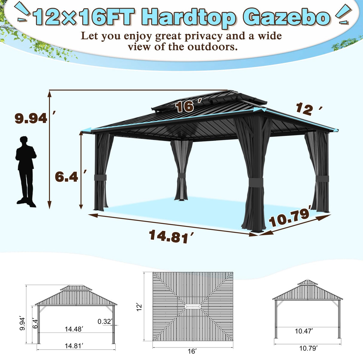 VEIKOU 12' X 16' Hardtop Gazebo, Outdoor Aluminum Gazebo, Double Roof Gazebo Pergola, Heavy Duty Patio Gazebo w/Netting and Curtains for Garden, Deck, Backyard VEIKOU