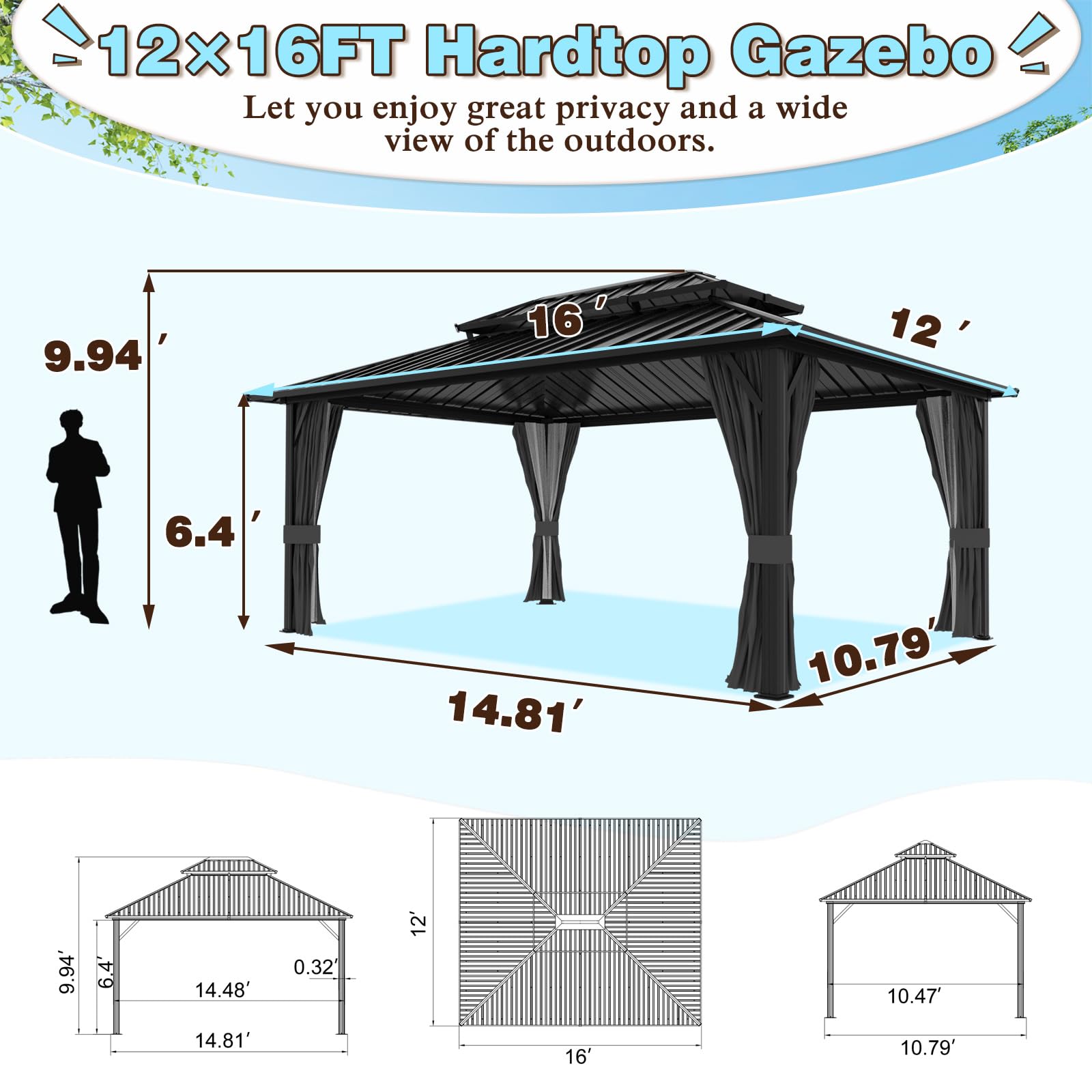 VEIKOU 12' X 16' Hardtop Gazebo, Outdoor Aluminum Gazebo, Double Roof Gazebo Pergola, Heavy Duty Patio Gazebo w/Netting and Curtains for Garden, Deck, Backyard - WoodArtSupply