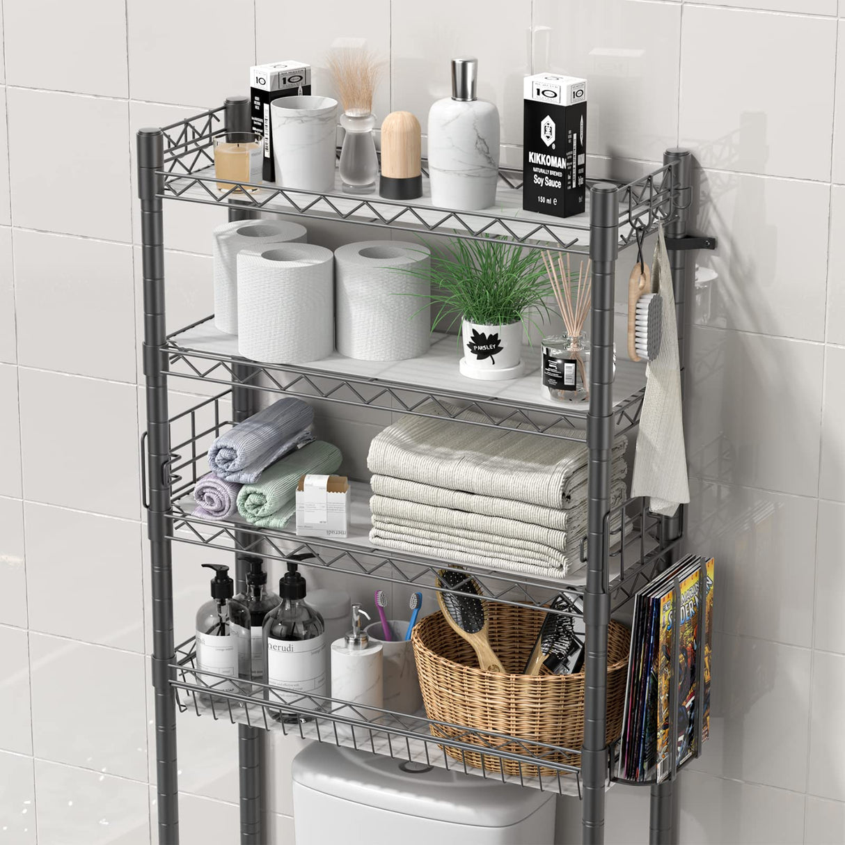 Hodonas 4-Tier Toilet Shelf Storage, Bathroom Organizer Shelves Over Toilet Storage, Above Toilet Tack Free Standing Bathroom Space Saver with Adjustable Basket and Shelves, Gray Hodonas