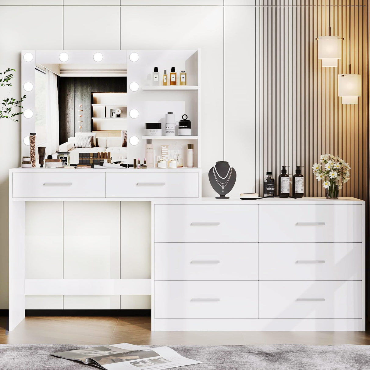 Rovaurx 65" Vanity Desk with Lighted Mirror and Lights, 8 Drawers Makeup Vanity Table with Storage Shelf, Modern Vanity with Mirror, Dressing Table for Bedroom, Adjustable Width, White RSZT109W Rovaurx