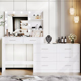 Rovaurx 65" Vanity Desk with Lighted Mirror and Lights, 8 Drawers Makeup Vanity Table with Storage Shelf, Modern Vanity with Mirror, Dressing Table for Bedroom, Adjustable Width, White RSZT109W Rovaurx