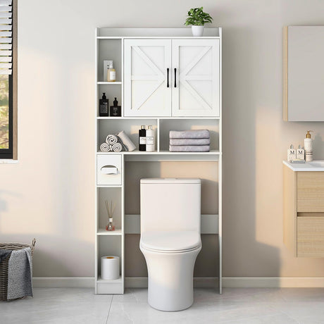 Over The Toilet Storage Cabinet, Farmhouse Storage Cabinet Over Toilet with 2 Barn Door & Toilet Paper Holder Stand，Home Space-Saving Toilet Rack, for Bathroom, Restroom, Laundry Vabches