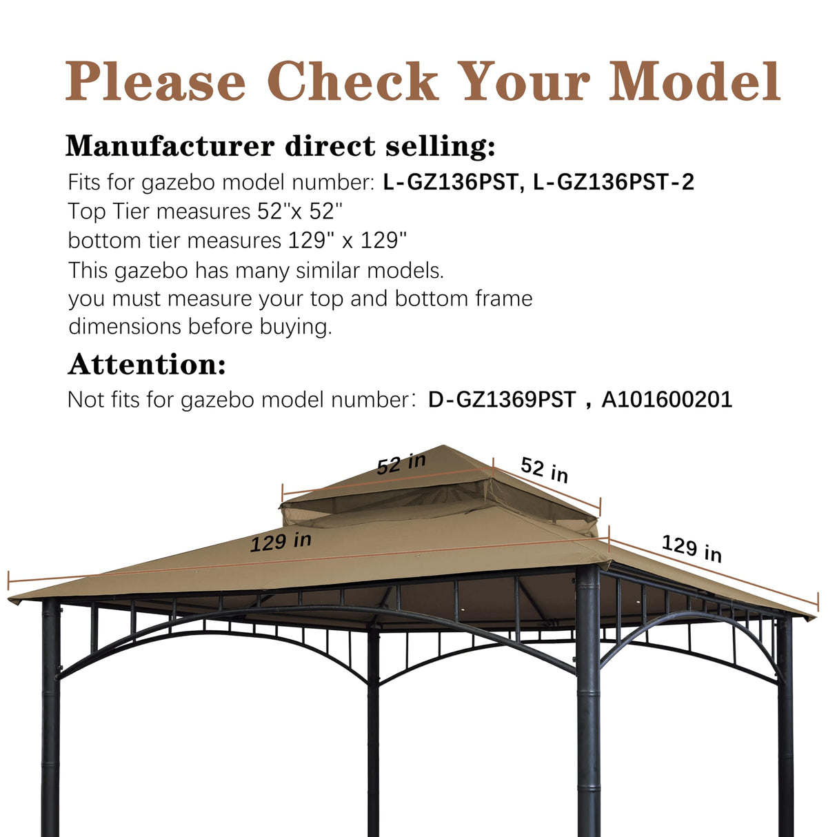 SCOCANOPY Replacement roof for Target Madaga Gazebo Model L-GZ136PST,(Khaki) SCOCANOPY