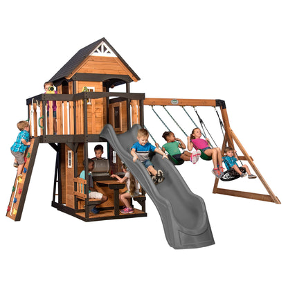 Backyard Discovery Canyon Creek All Cedar Wood Swing Set w/Grey Wave Slide, Playhouse w/Grill, Plastic Food, Picnic Area, Steering Wheel, Two Belt Swings, Rock Climbing Wall, Balcony, Deck, W - WoodArtSupply