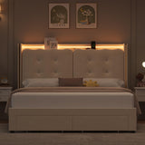 HITHOS Upholstered Full Led Bed Frame with Charging Station and Storage Drawers, Velvet Princess Platform Bed Frames with Crystal-Button Tufted Headboard for Girls and Kids, No Box Spring Need, Beige HITHOS