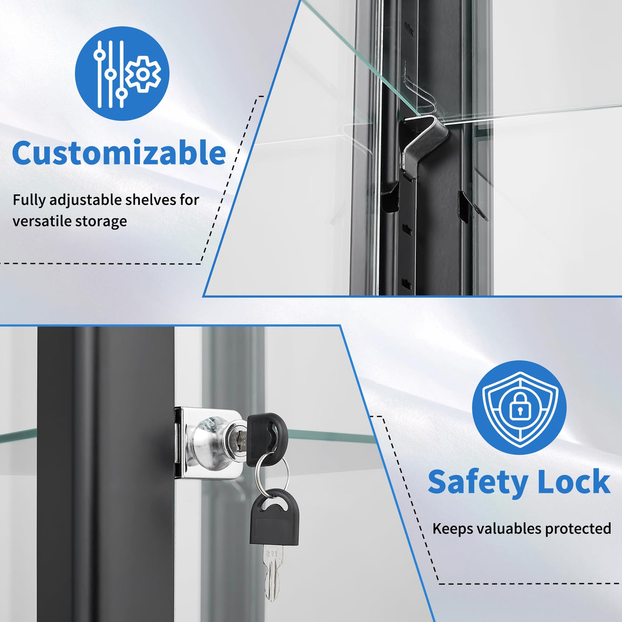 Desirable Life Glass Display Cabinet with 13-Color Light, 63" 4-Tier Curio Cabinet with Glass Door & Lock, Lighted Display Case with Adjustable Shelves for Collectibles Figures Trophy (Black) Desirable Life