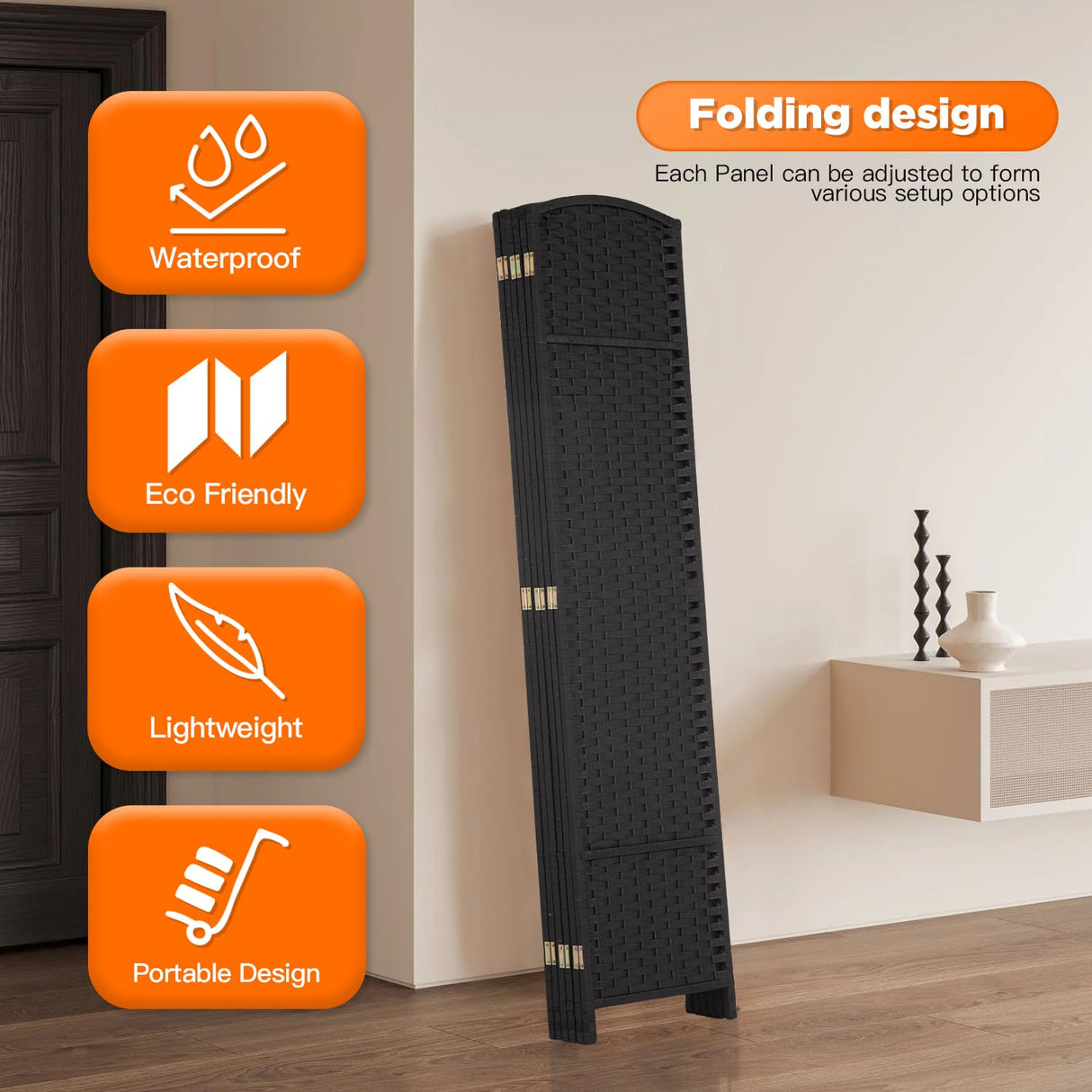 Room Divider 8 Panel Screen 5.6 Ft Tall Partition Room Dividers Black Privacy Screens Folding Room Separation Free Standing Waterproof Wood Frame Wall Divider FDW